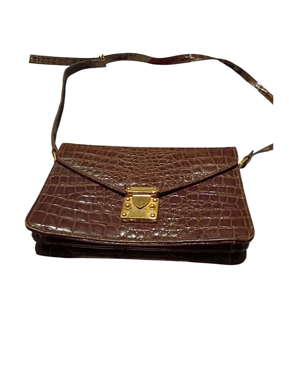 Vintage Brown Croc-Embossed Leather Crossbody Bag with Gold Lock GUC